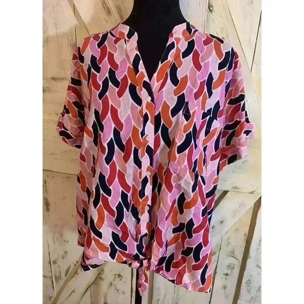 Charter Club Luxury Linen Blouse Collared V-Neck Multi Pink Small NWT